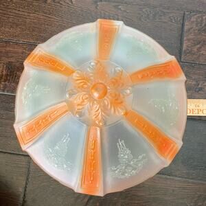 Vintage Art Deco Shade Ceiling Light Fixture Frosted Glass w/ Orange Etched MCM